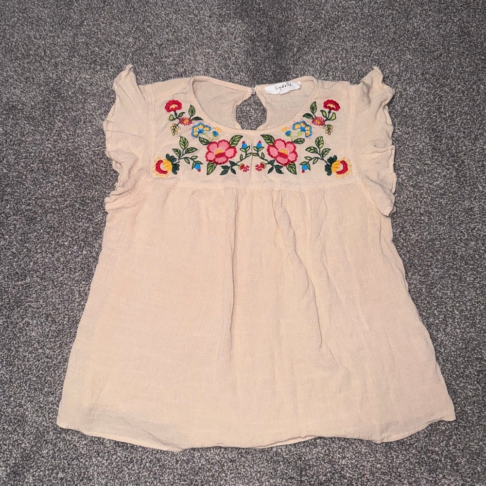 Lydelle Women's Beige Blouse w/ Vibrant Floral Embroidery Ruffle Sleeves - S